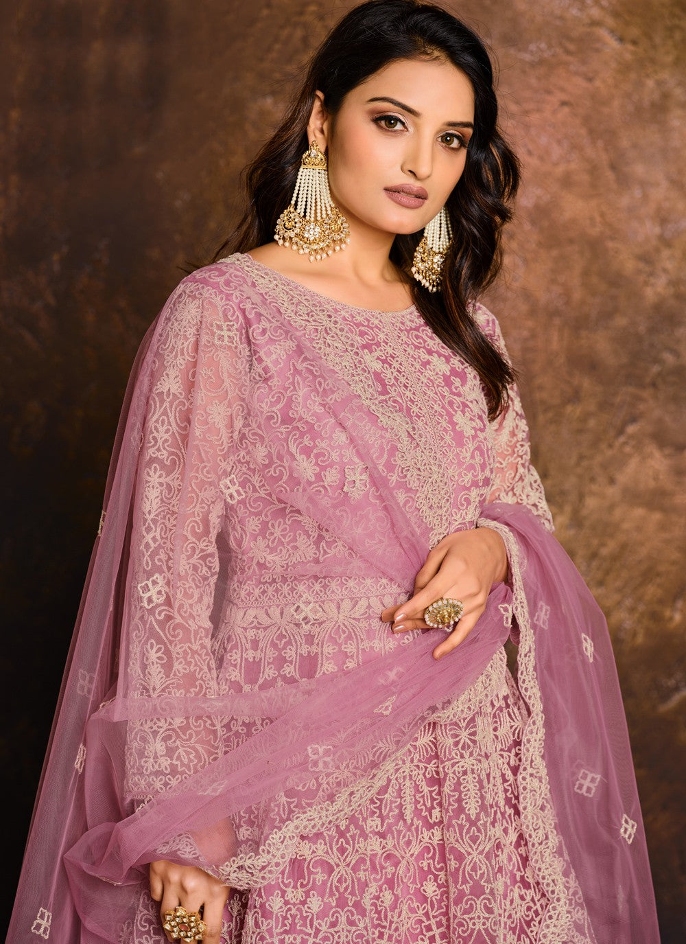 Pink net resham work floor length salwar suit