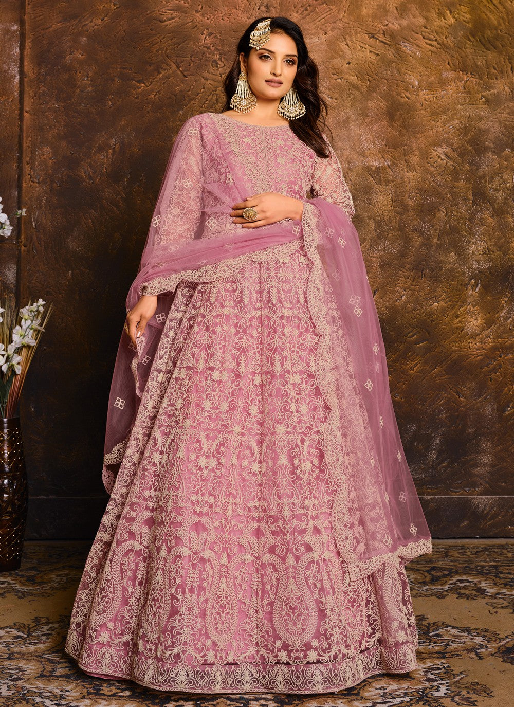 Pink net resham work floor length salwar suit