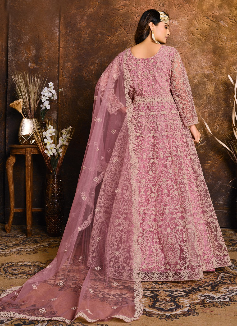 Pink net resham work floor length salwar suit