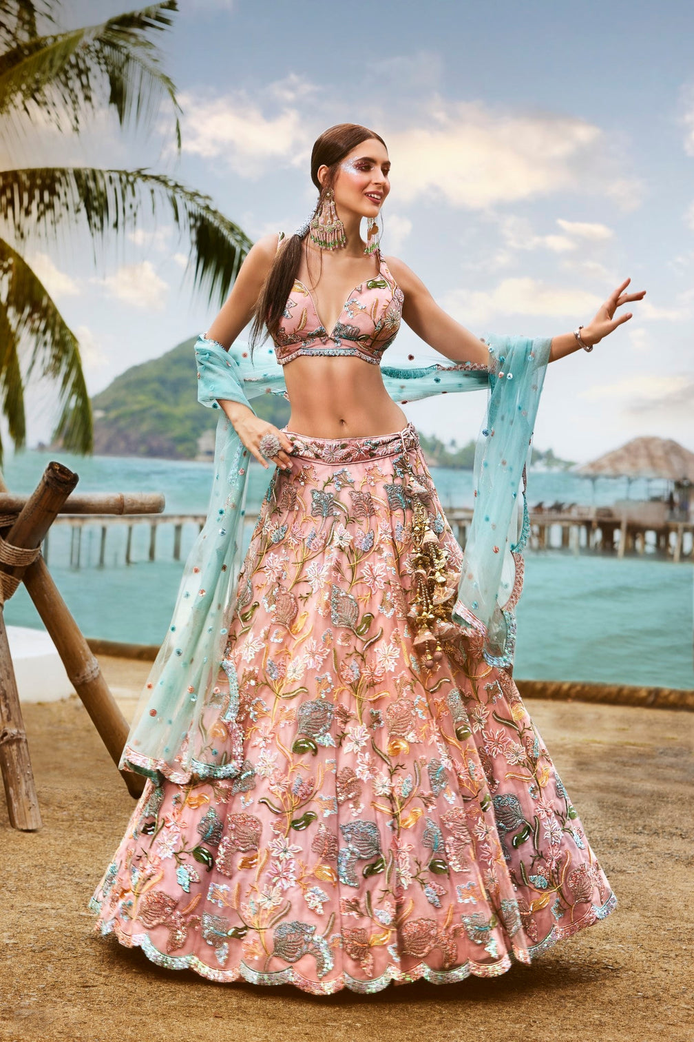 Pink Net Sequins and Zarkan embroidery Semi-Stitched Lehenga choli & Dupatta