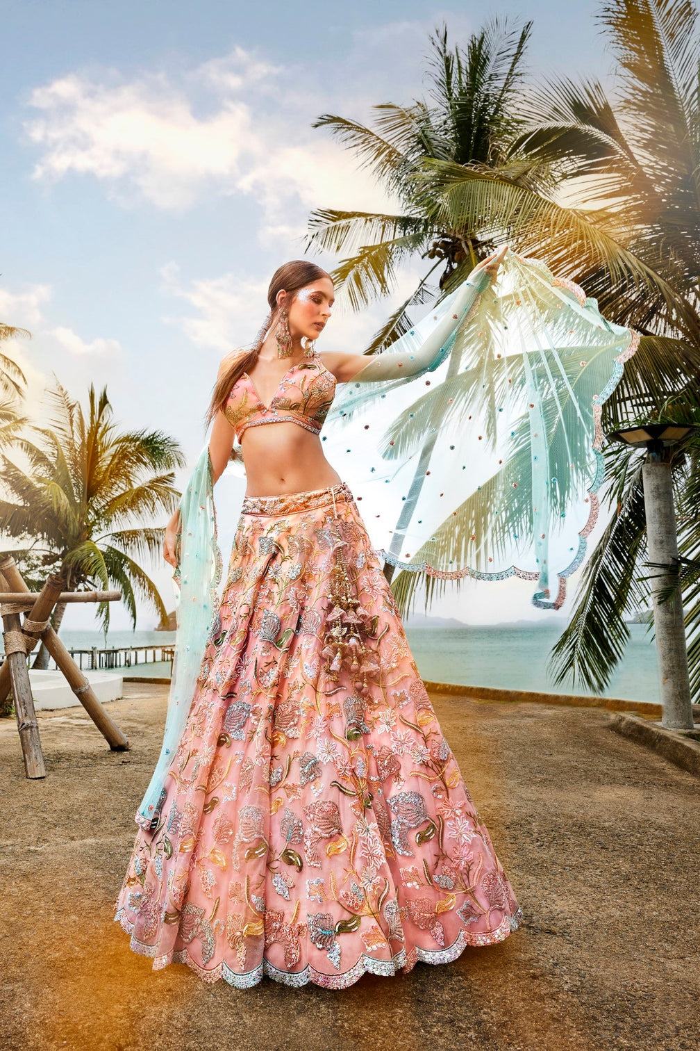 Pink Net Sequins and Zarkan embroidery Semi-Stitched Lehenga choli & Dupatta