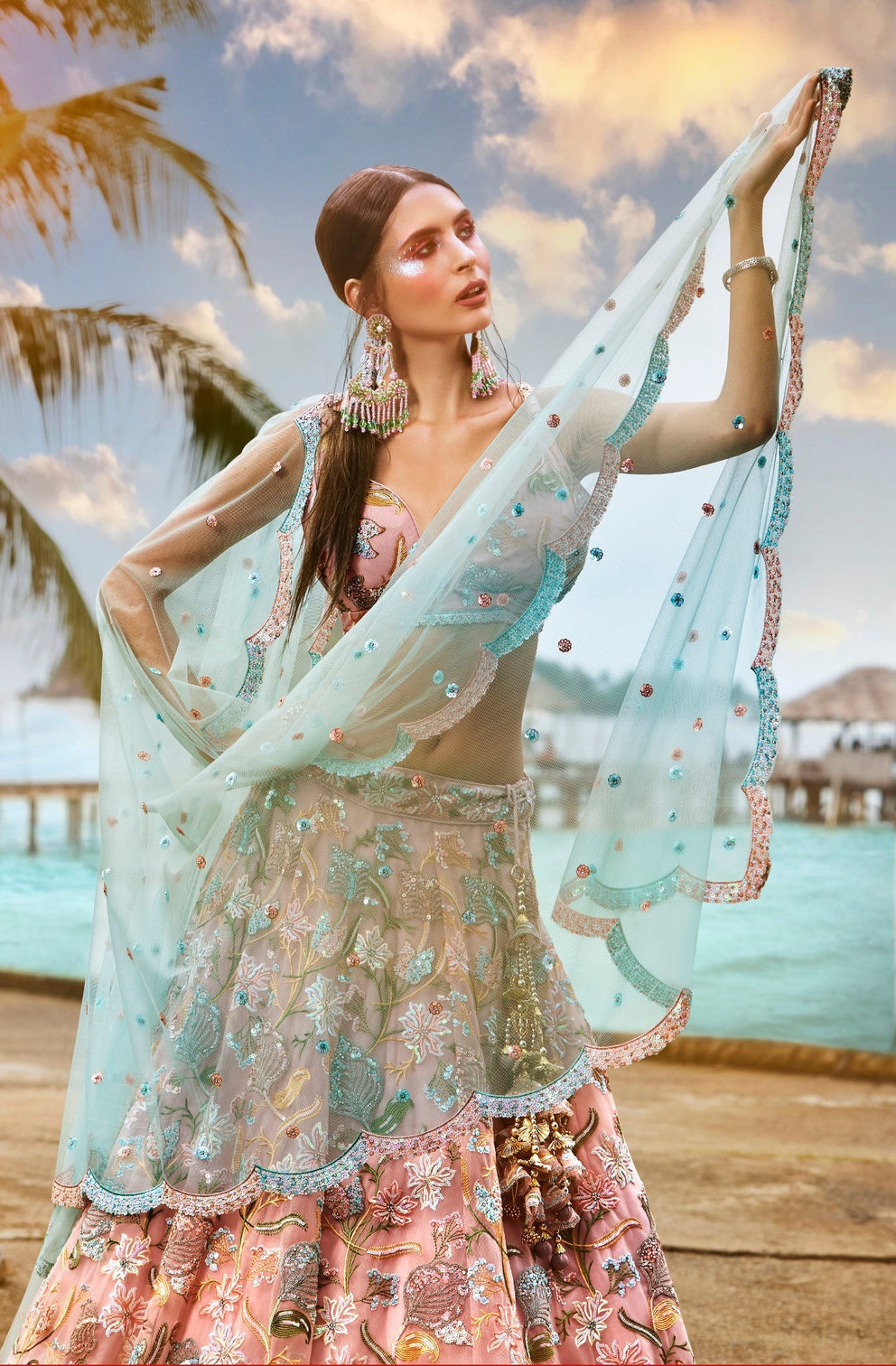 Pink Net Sequins and Zarkan embroidery Semi-Stitched Lehenga choli & Dupatta