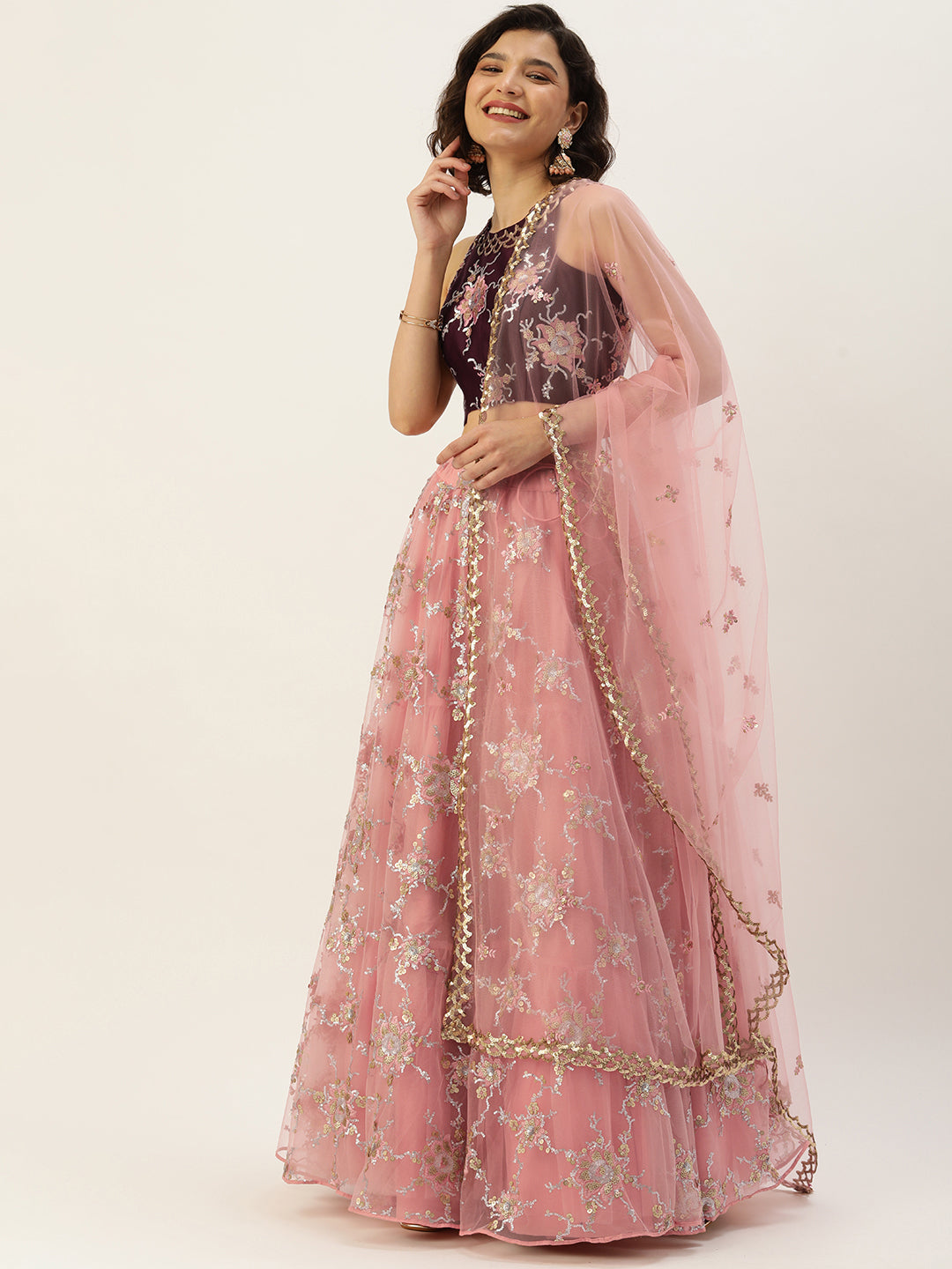 Pink Net Sequins Embroidered Semi-stitched Lehenga