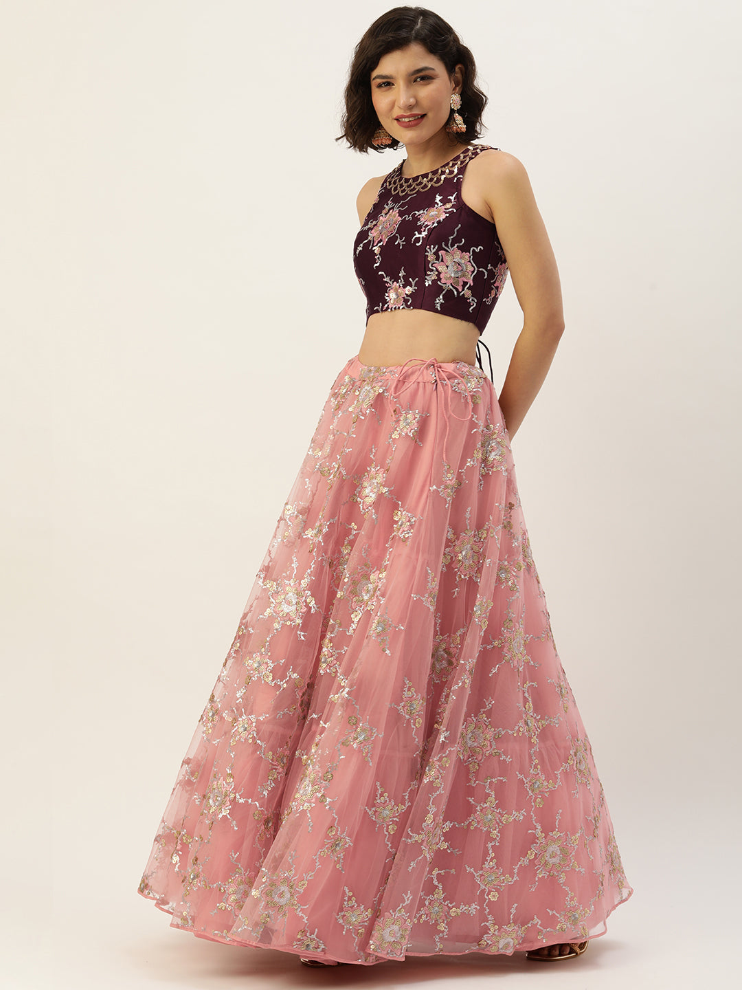 Pink Net Sequins Embroidered Semi-stitched Lehenga