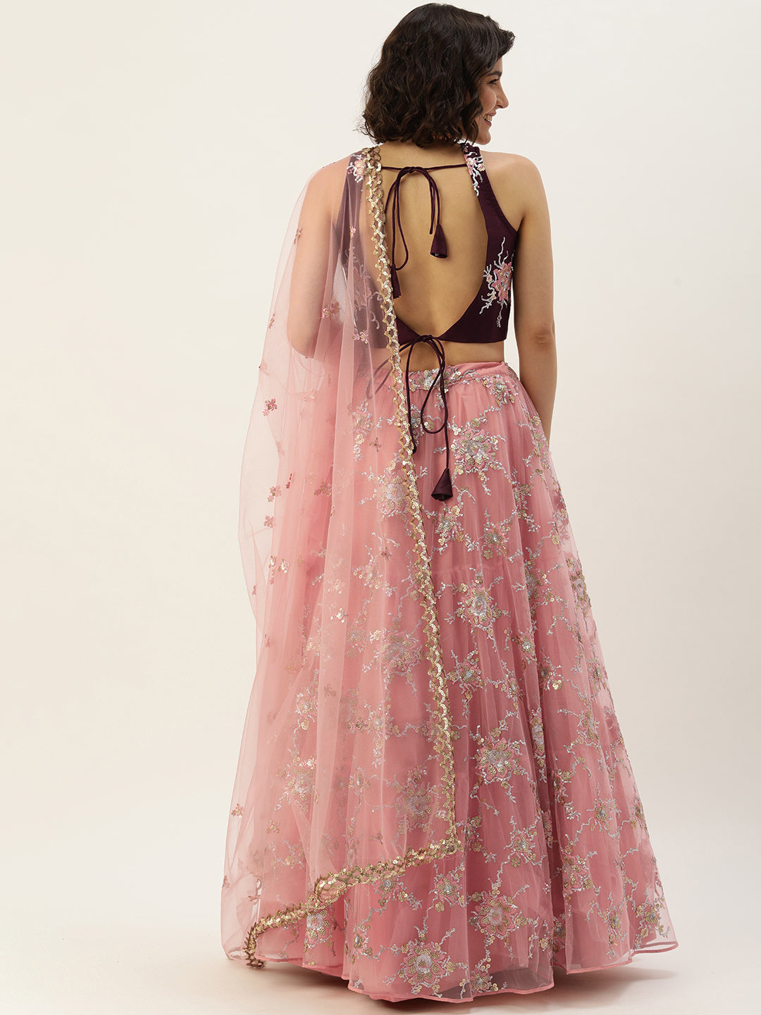 Pink Net Sequins Embroidered Semi-stitched Lehenga