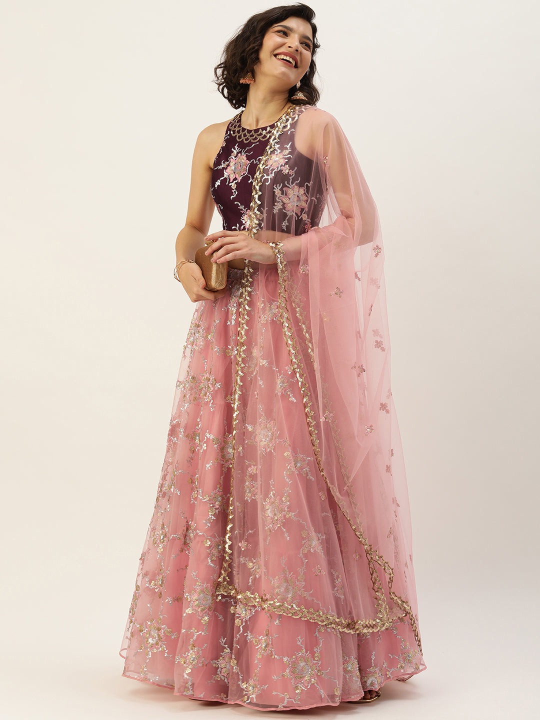 Pink Net Sequins Embroidered Semi-stitched Lehenga