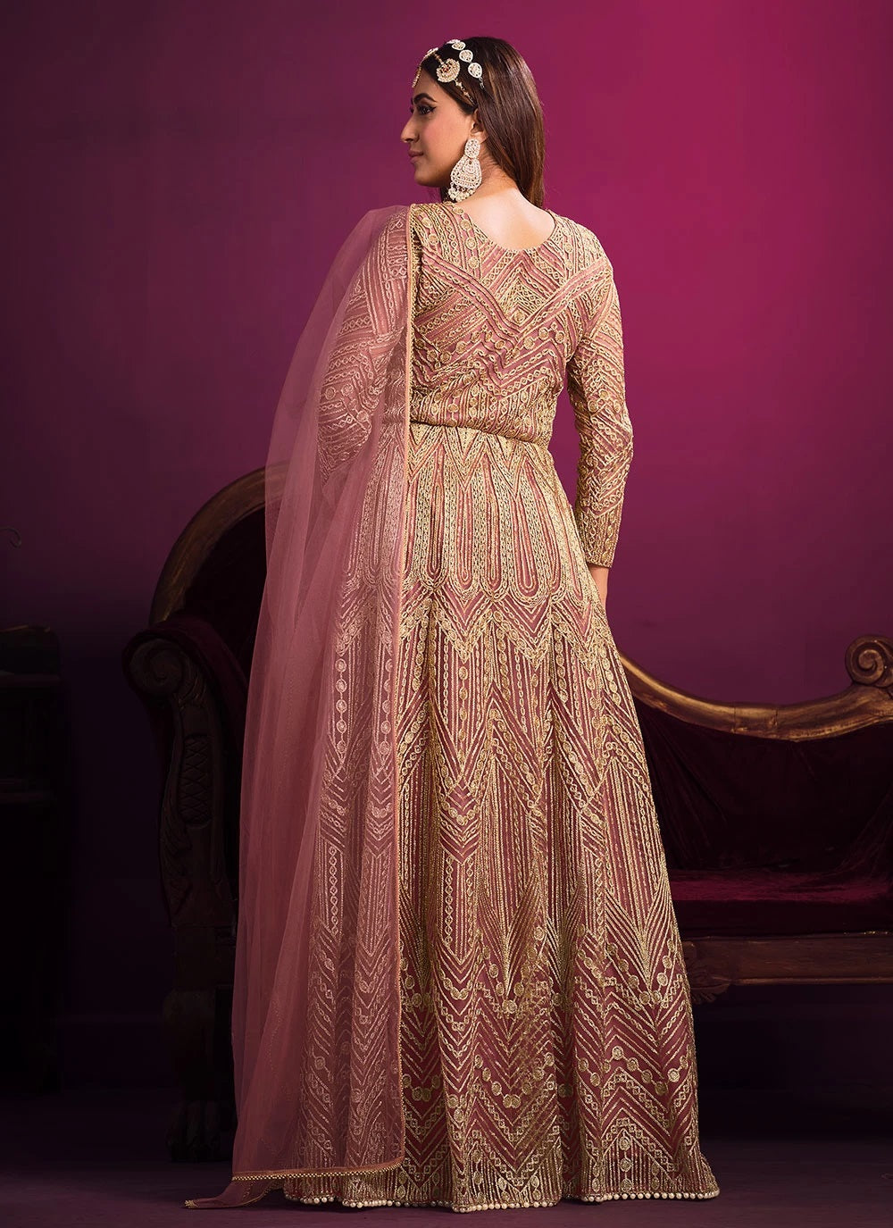 Pink net sequins floor length salwar kameez