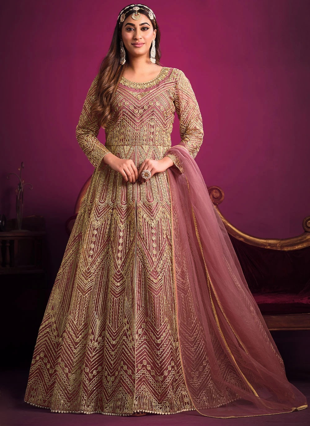 Pink net sequins floor length salwar kameez
