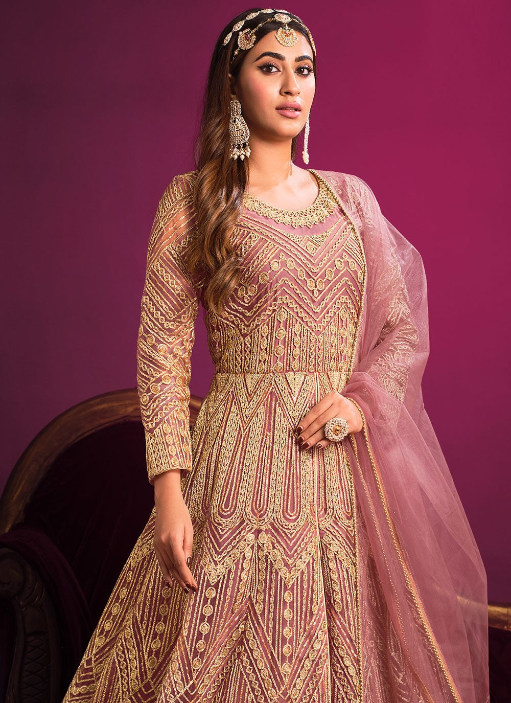 Pink net sequins floor length salwar kameez