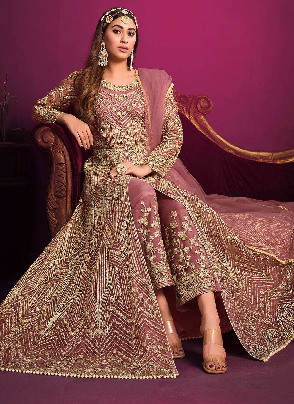 Pink net sequins floor length salwar kameez