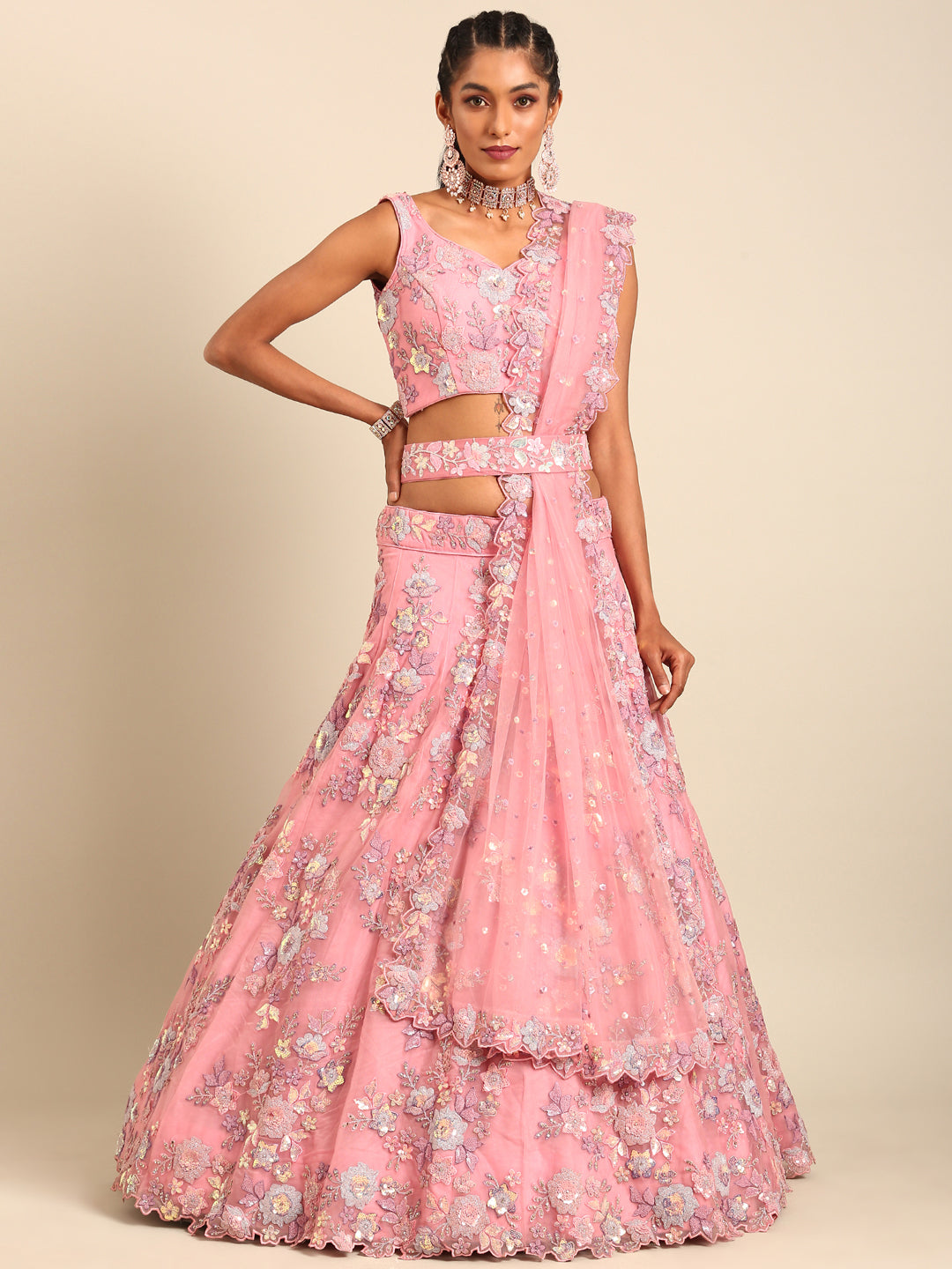Pink Net Sequins with heavy Zarkan embroidery Semi-Stitched Lehenga choli & Dupatta