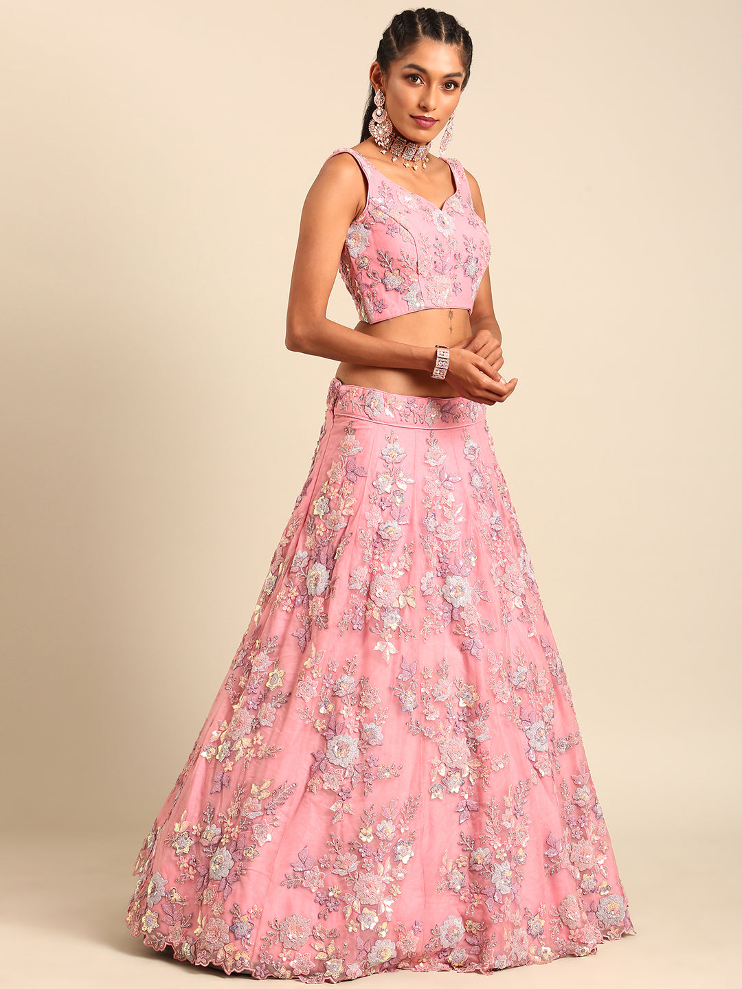 Pink Net Sequins with heavy Zarkan embroidery Semi-Stitched Lehenga choli & Dupatta
