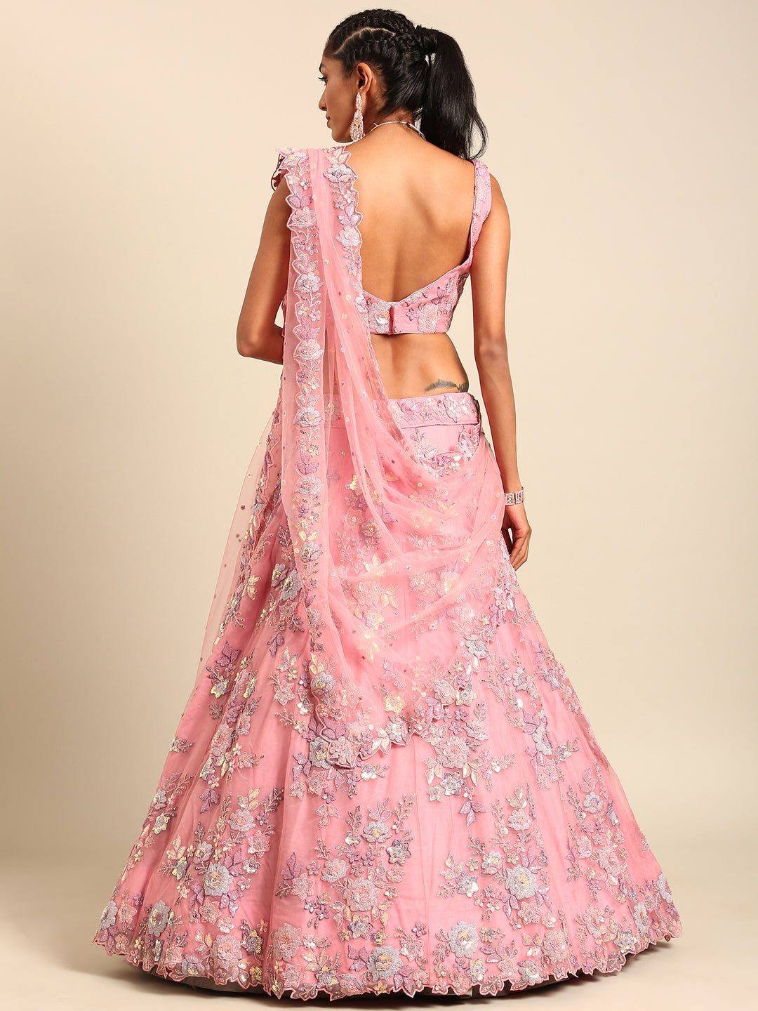 Pink Net Sequins with heavy Zarkan embroidery Semi-Stitched Lehenga choli & Dupatta