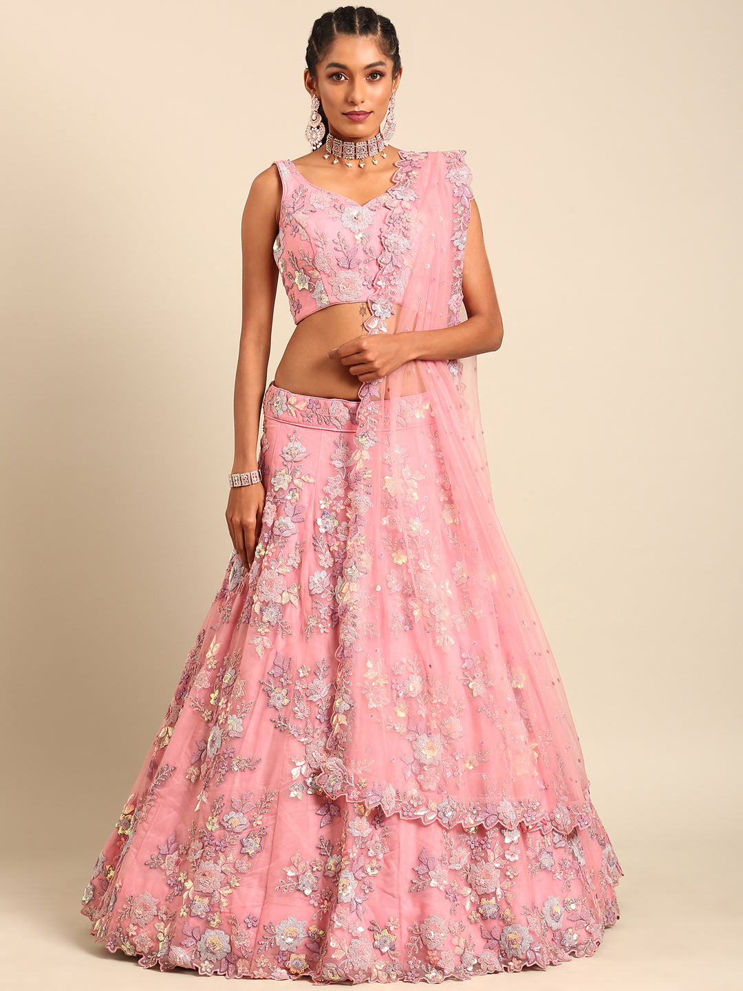 Pink Net Sequins with heavy Zarkan embroidery Semi-Stitched Lehenga choli & Dupatta