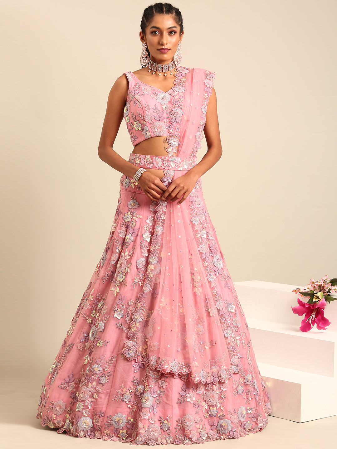 Pink Net Sequins with heavy Zarkan embroidery Semi-Stitched Lehenga choli & Dupatta