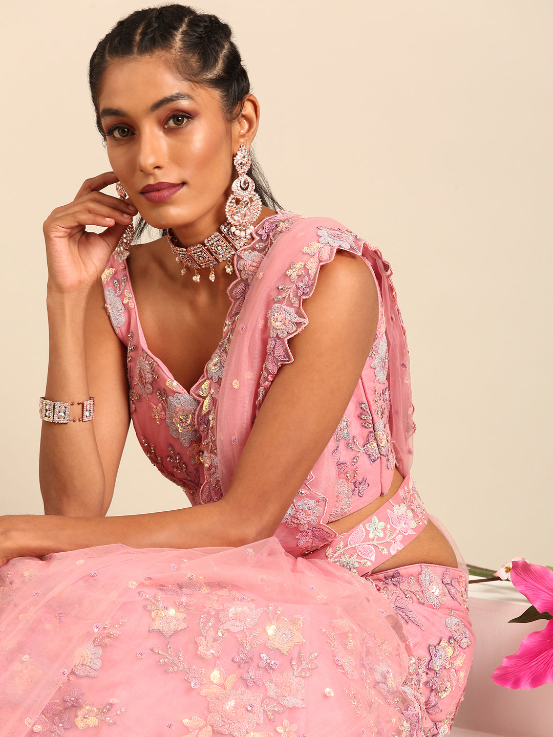 Pink Net Sequins with heavy Zarkan embroidery Semi-Stitched Lehenga choli & Dupatta