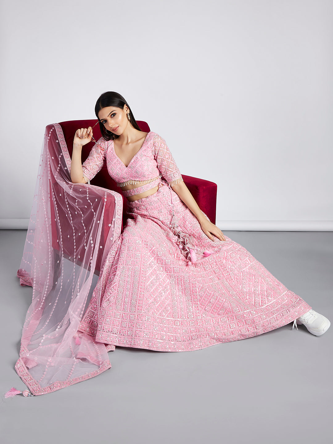 Pink Net Sequins, Zarkan and thread embroidery Semi-Stitched Lehenga choli & Dupatta