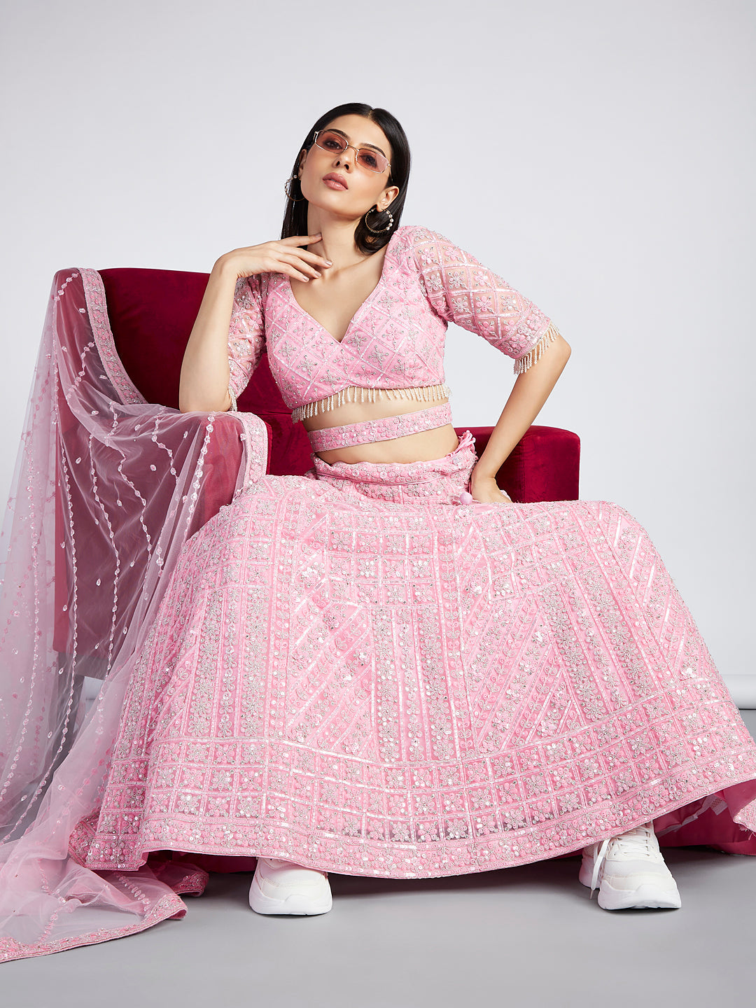 Pink Net Sequins, Zarkan and thread embroidery Semi-Stitched Lehenga choli & Dupatta