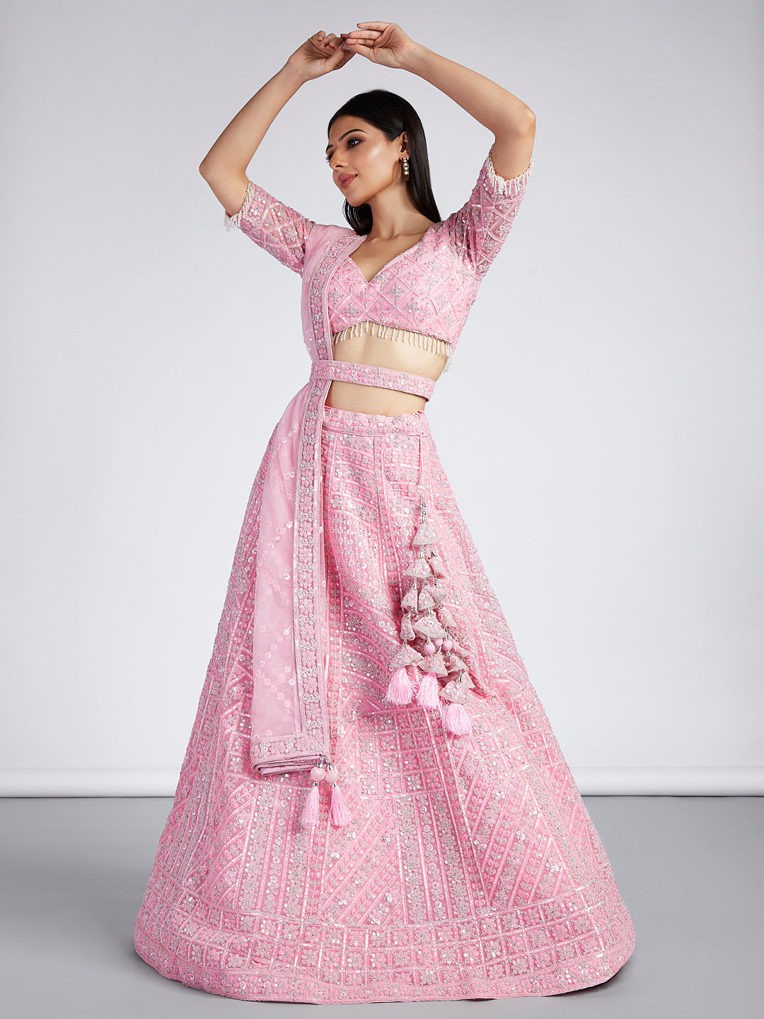 Pink Net Sequins, Zarkan and thread embroidery Semi-Stitched Lehenga choli & Dupatta