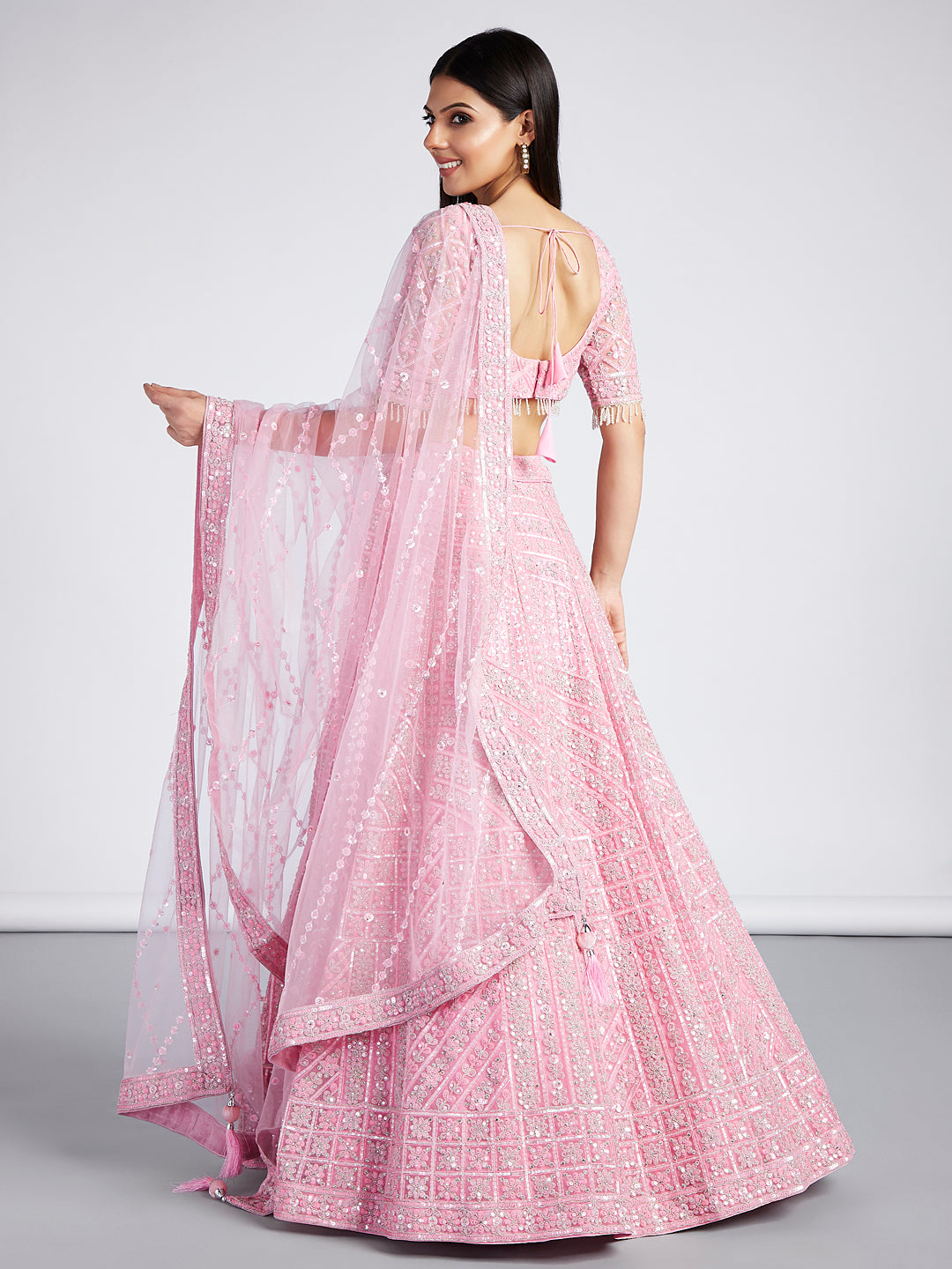 Pink Net Sequins, Zarkan and thread embroidery Semi-Stitched Lehenga choli & Dupatta