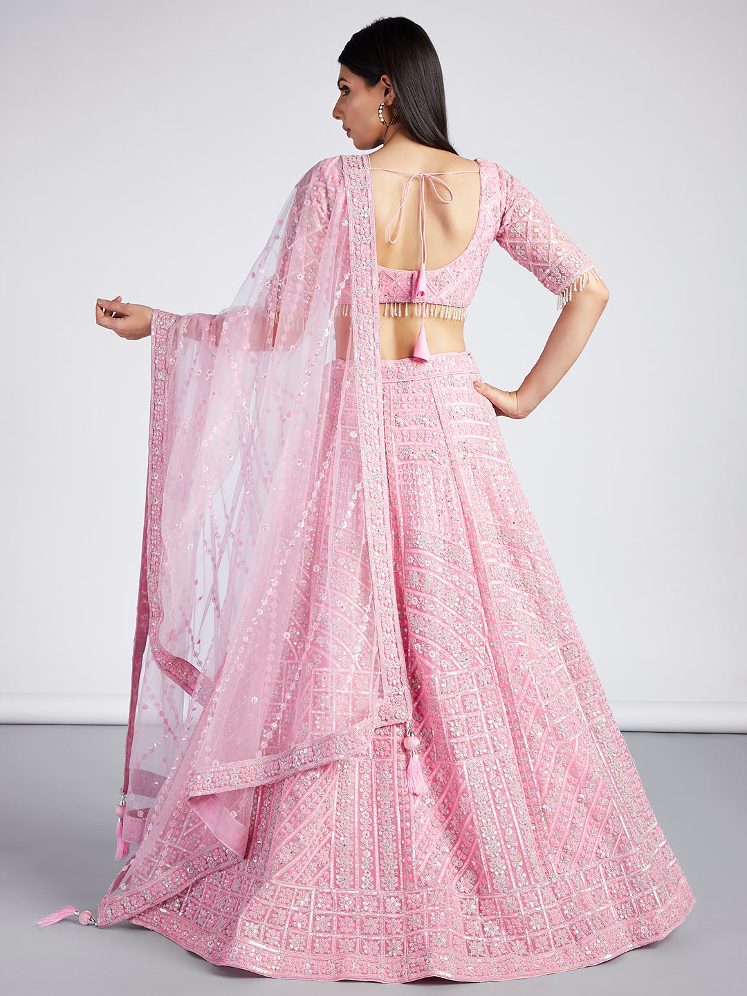 Pink Net Sequins, Zarkan and thread embroidery Semi-Stitched Lehenga choli & Dupatta