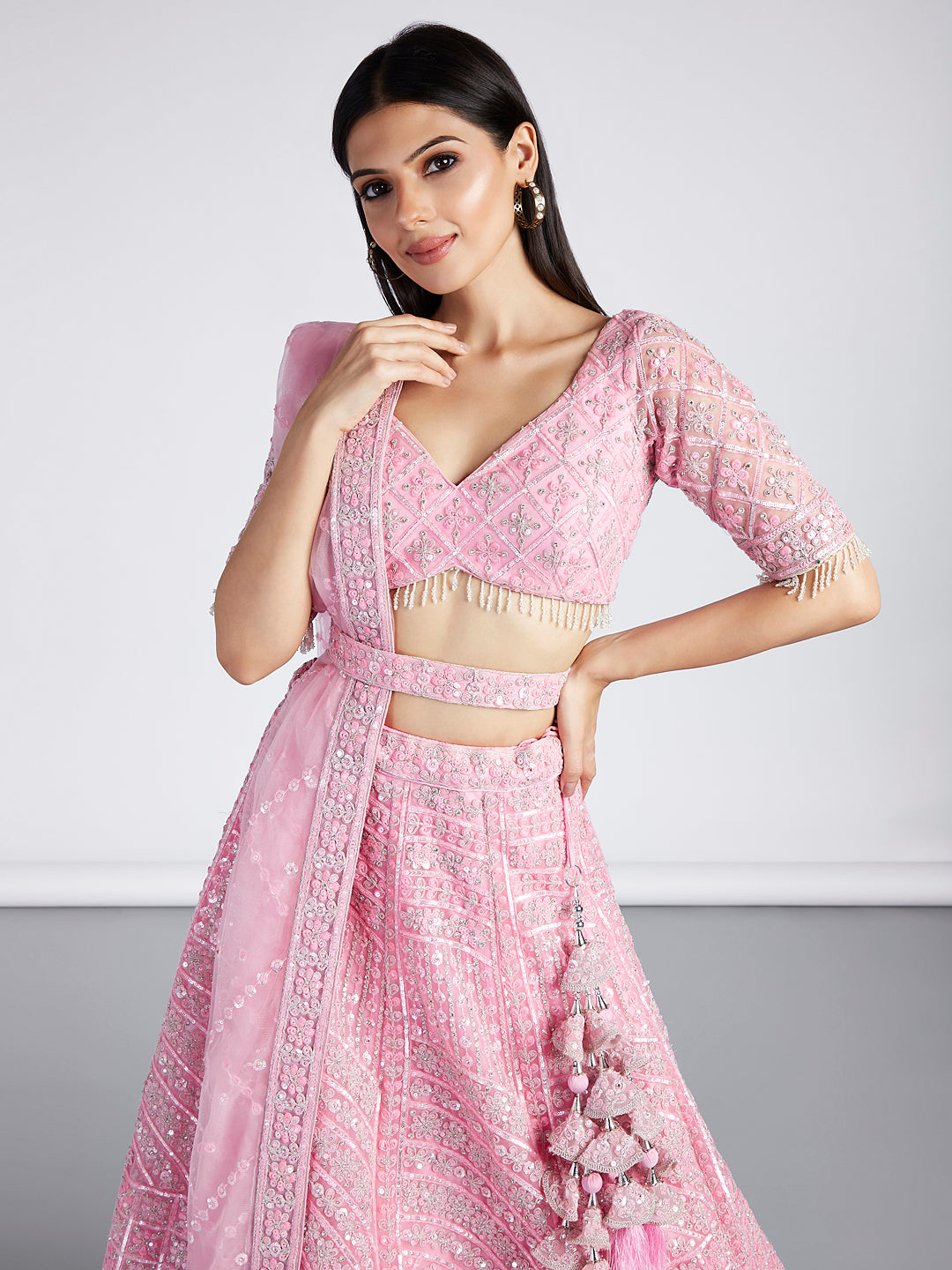 Pink Net Sequins, Zarkan and thread embroidery Semi-Stitched Lehenga choli & Dupatta