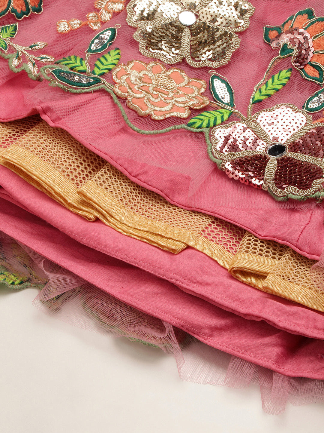 Pink Net Sequinse Cut Work Semi-Stitched Lehenga & Unstitched Blouse with Dupatta