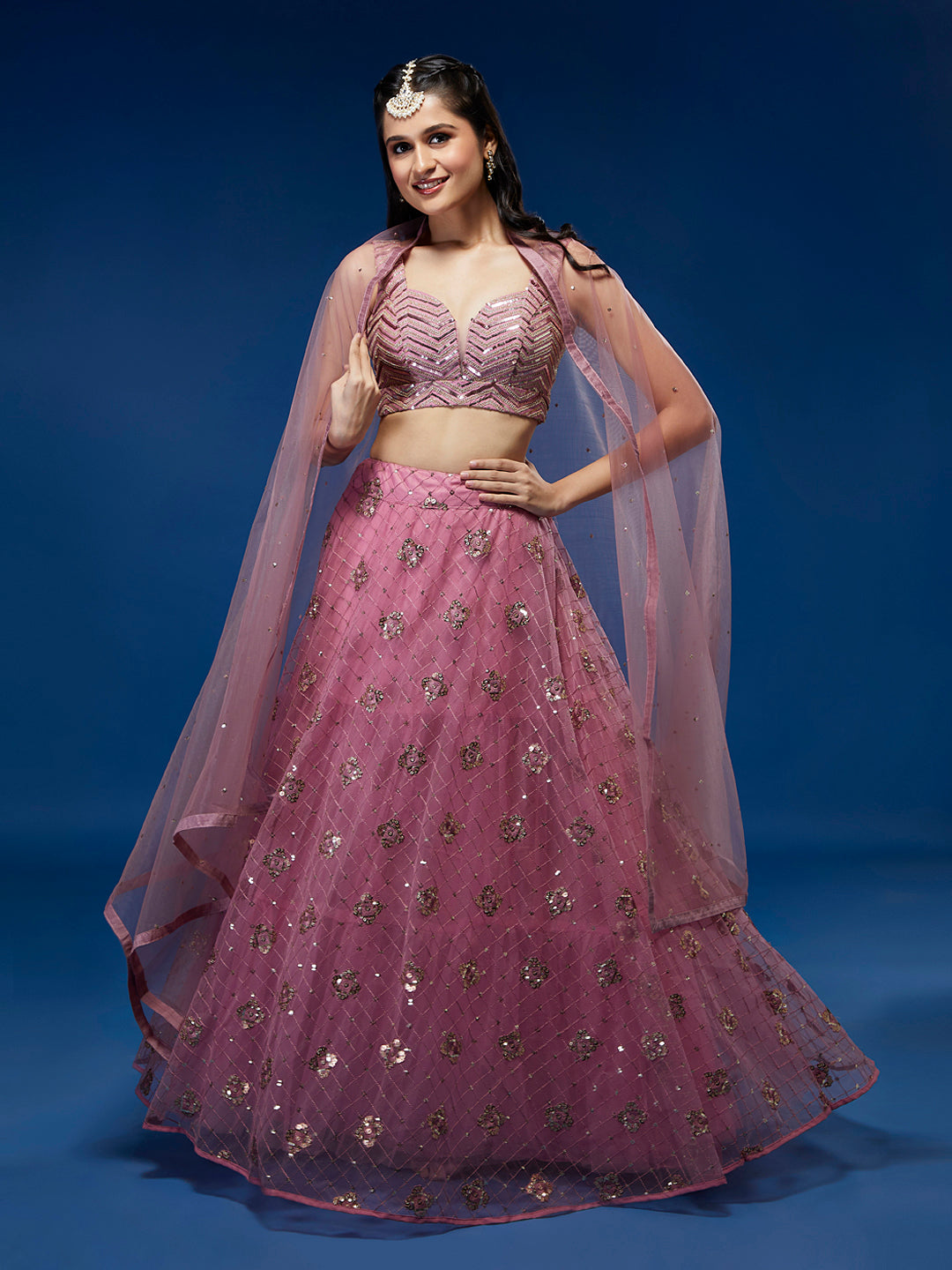 Pink Net Sequinse Embroidered Semi-Stitched Lehenga & Blouse with Dupatta