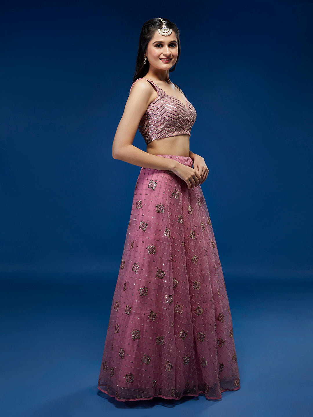 Pink Net Sequinse Embroidered Semi-Stitched Lehenga & Blouse with Dupatta