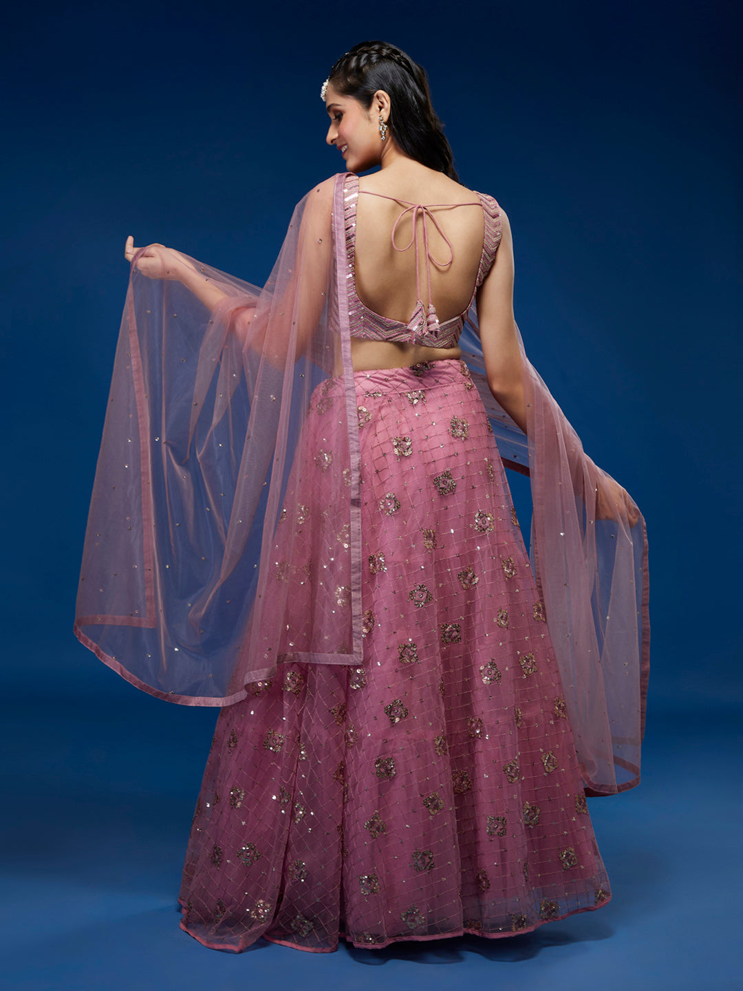 Pink Net Sequinse Embroidered Semi-Stitched Lehenga & Blouse with Dupatta