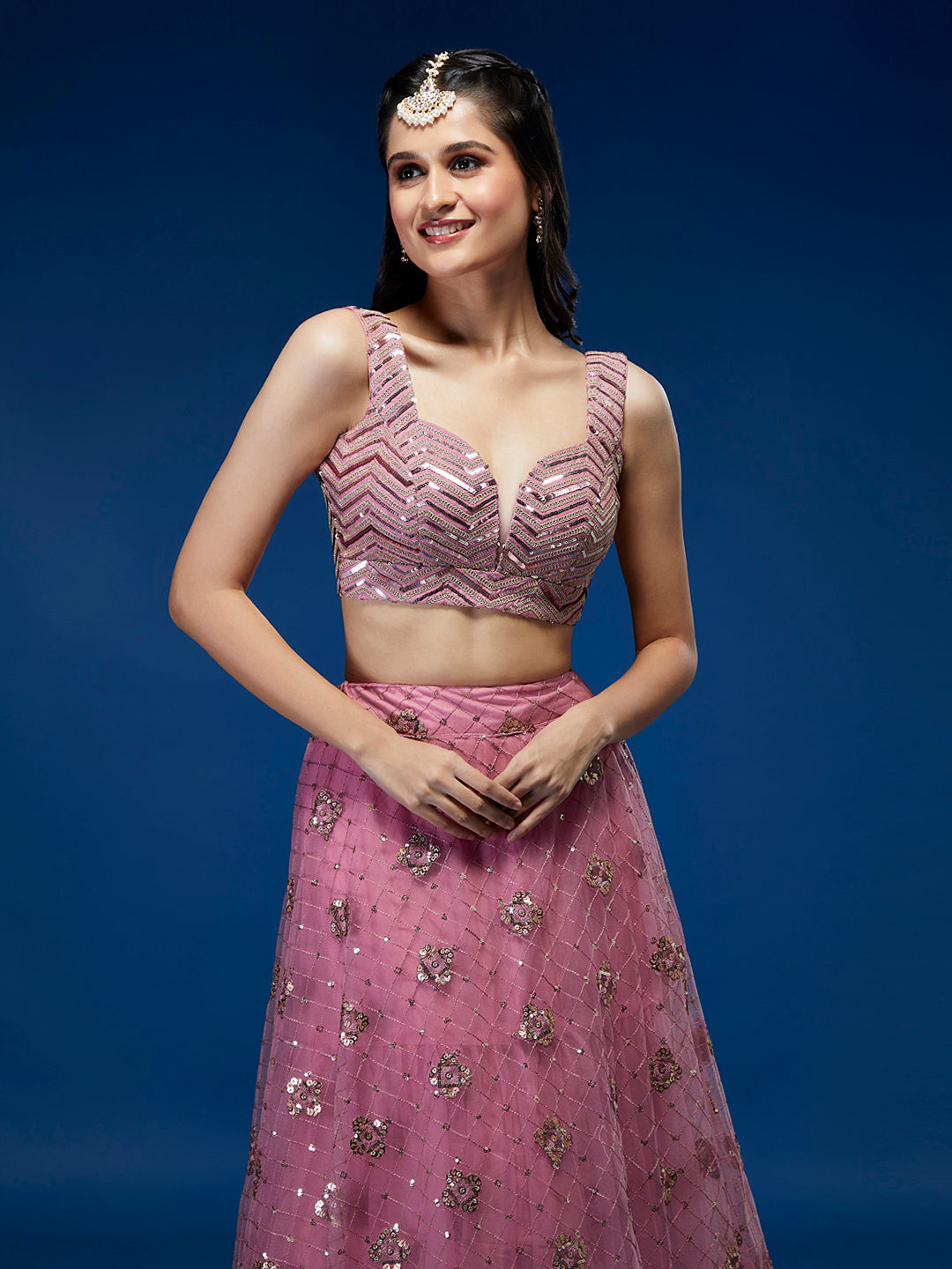 Pink Net Sequinse Embroidered Semi-Stitched Lehenga & Blouse with Dupatta