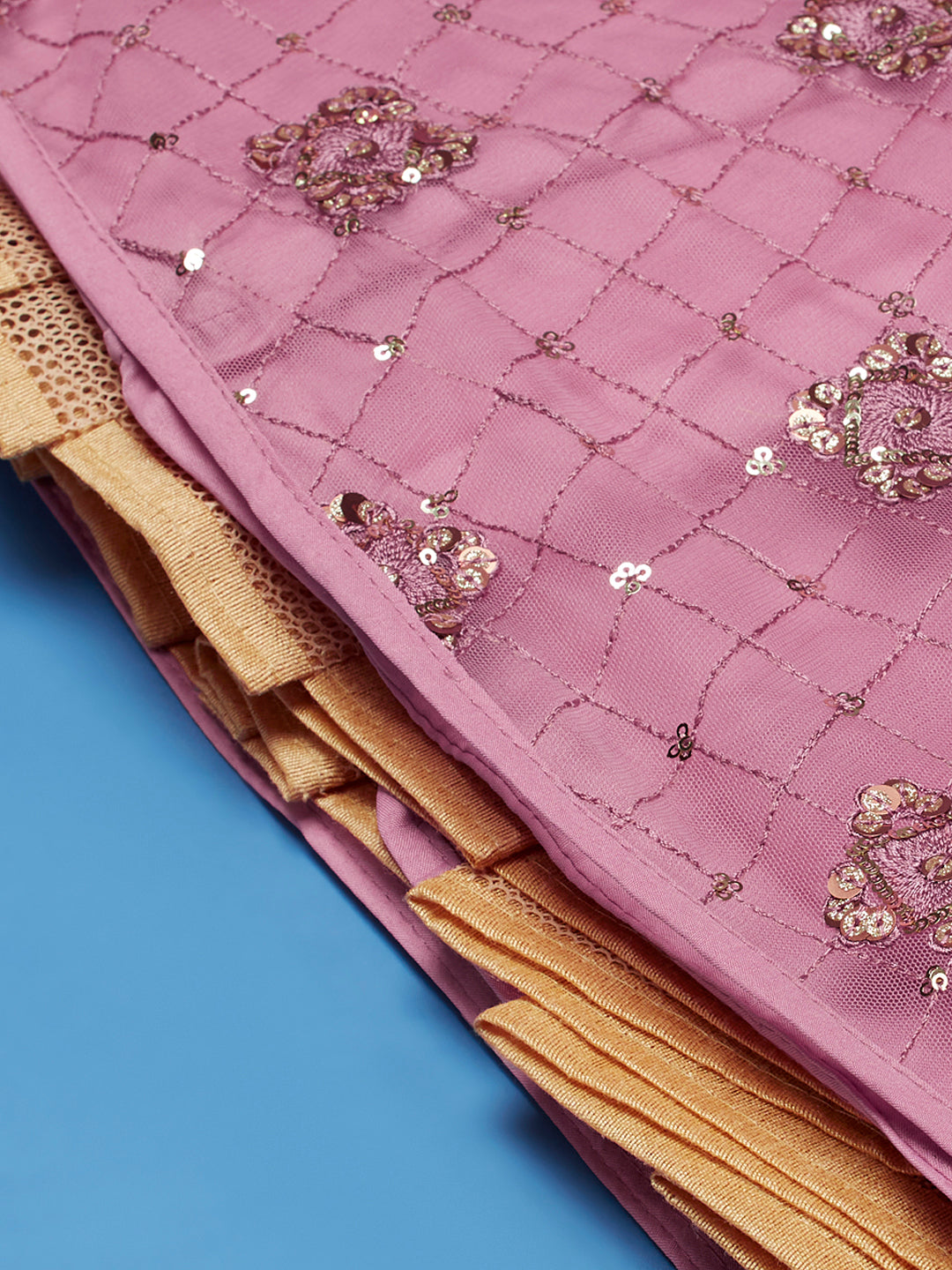 Pink Net Sequinse Embroidered Semi-Stitched Lehenga & Blouse with Dupatta