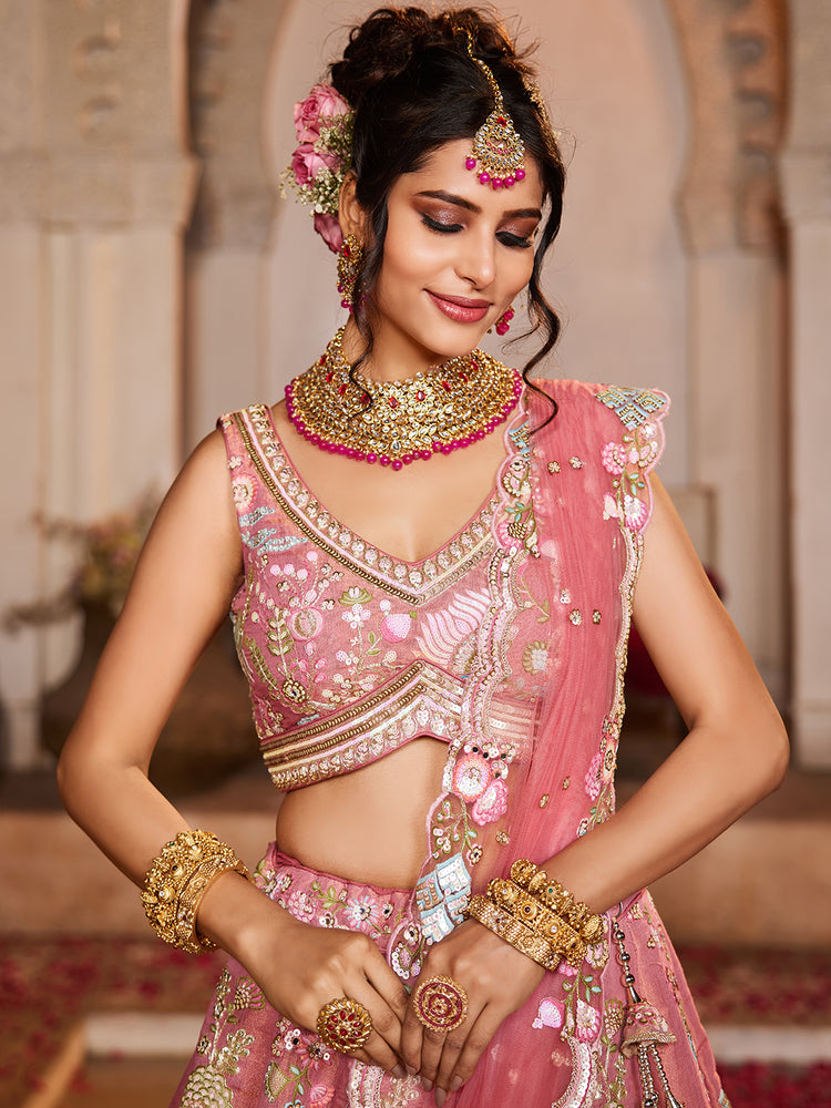 Pink Net Sequinse embroidery Semi-Stitched Lehenga choli & Dupatta