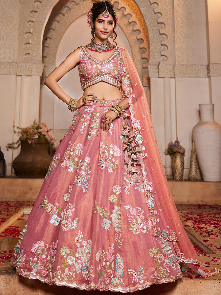 Pink Net Sequinse embroidery Semi-Stitched Lehenga choli & Dupatta
