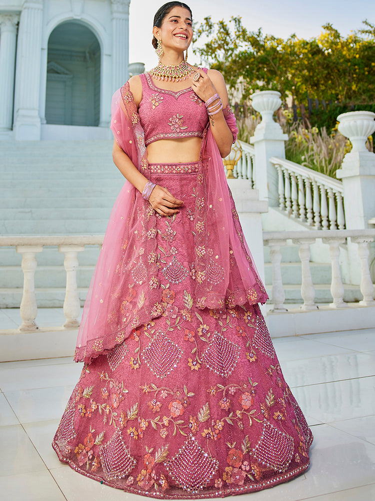 Pink net with Coding & Zarkan embroidery Semi-Stitched Lehenga choli & Dupatta