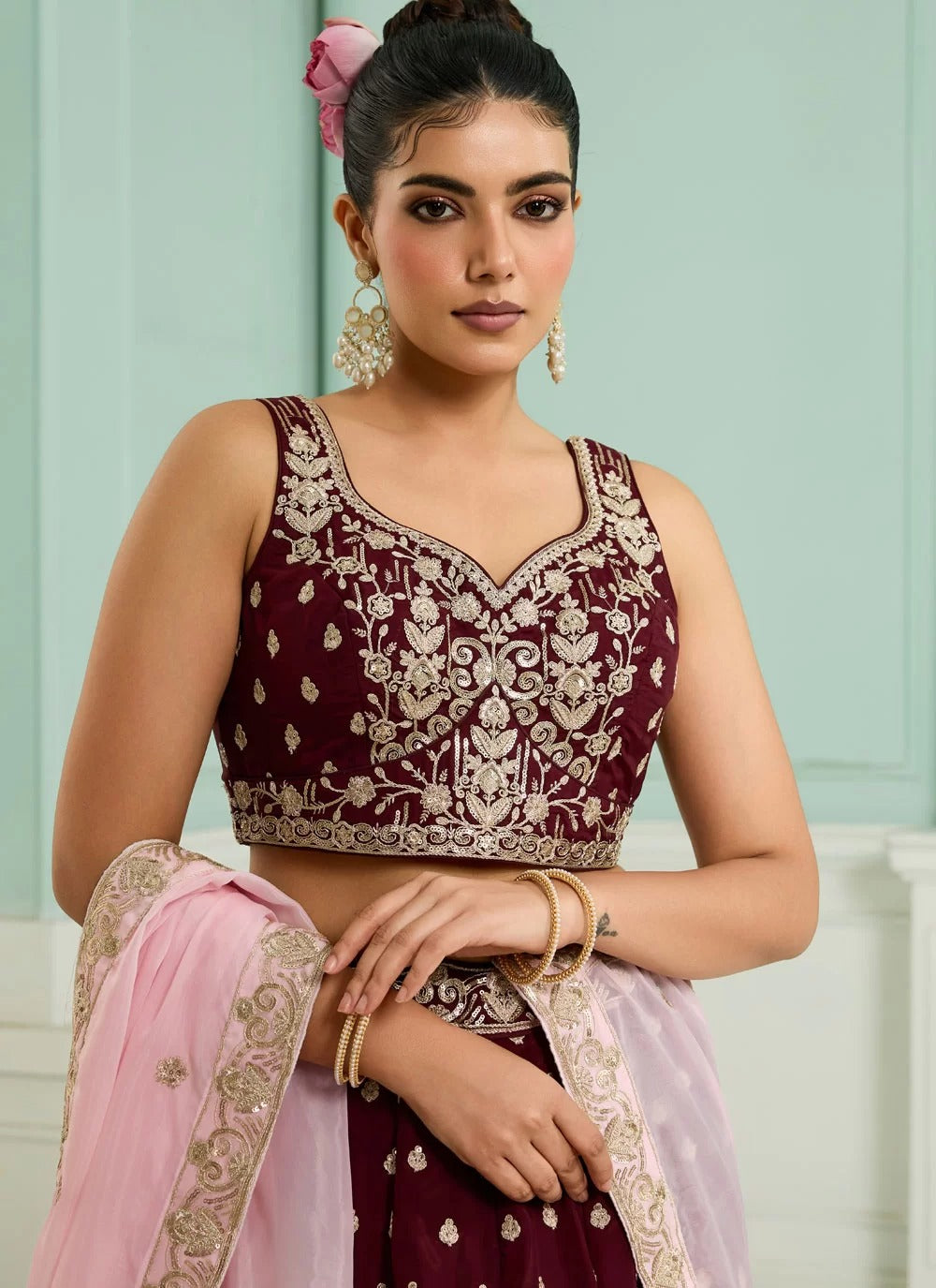 Maroon embroidered wedding lehenga choli in organza with pink dupatta