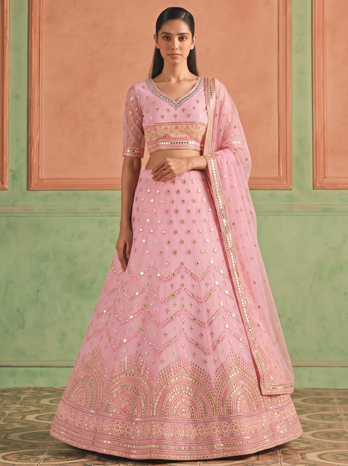 Pink Organza Embroidered Foil Mirror Work Lehenga Choli