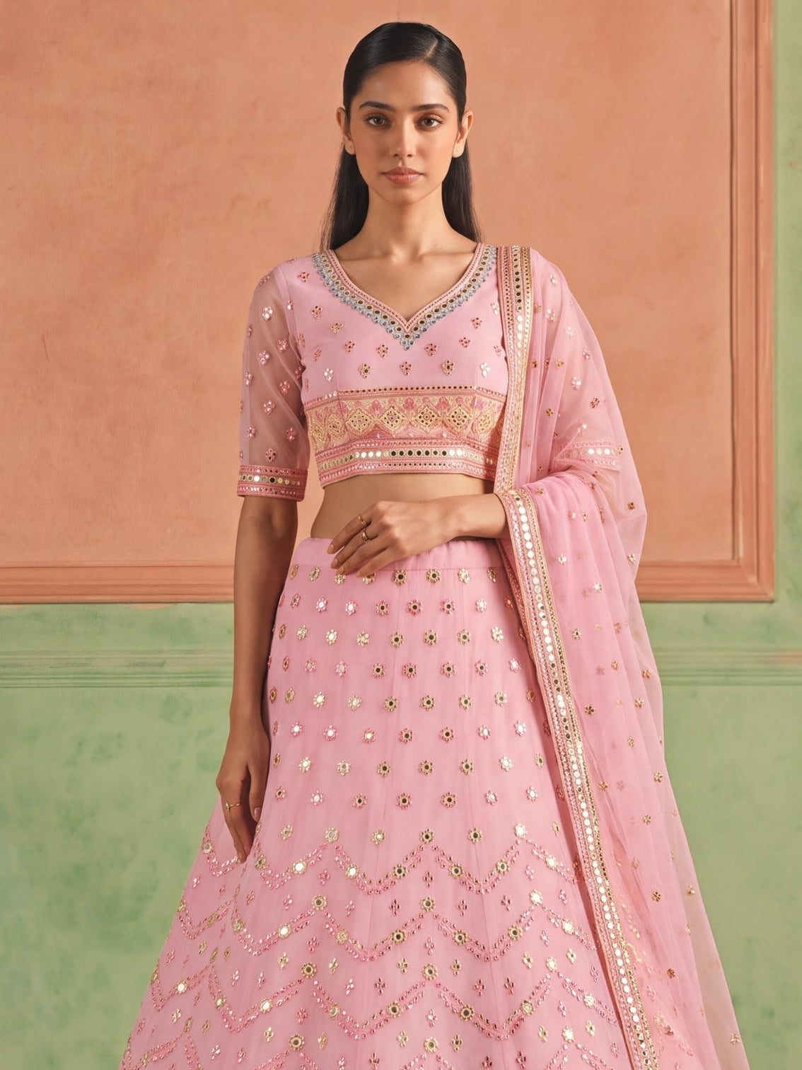 Pink Organza Embroidered Foil Mirror Work Lehenga Choli