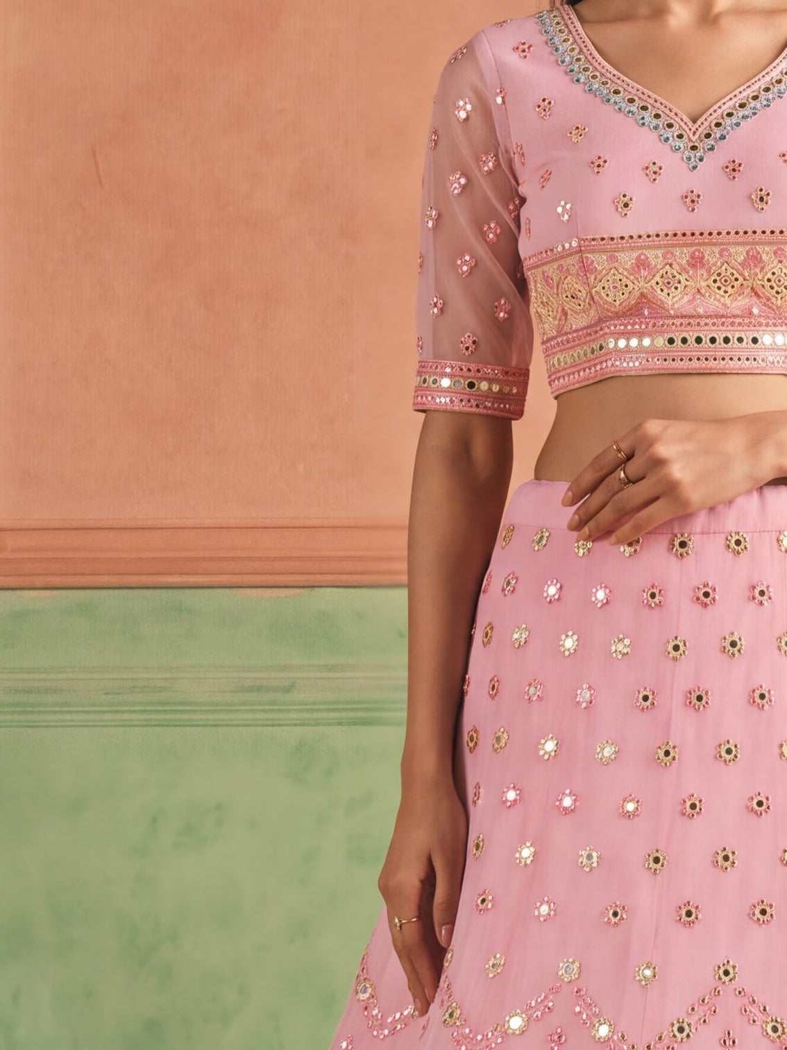 Pink Organza Embroidered Foil Mirror Work Lehenga Choli