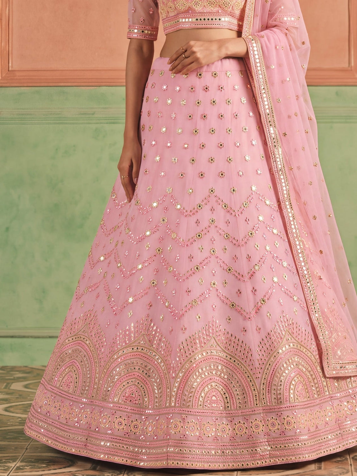 Pink Organza Embroidered Foil Mirror Work Lehenga Choli