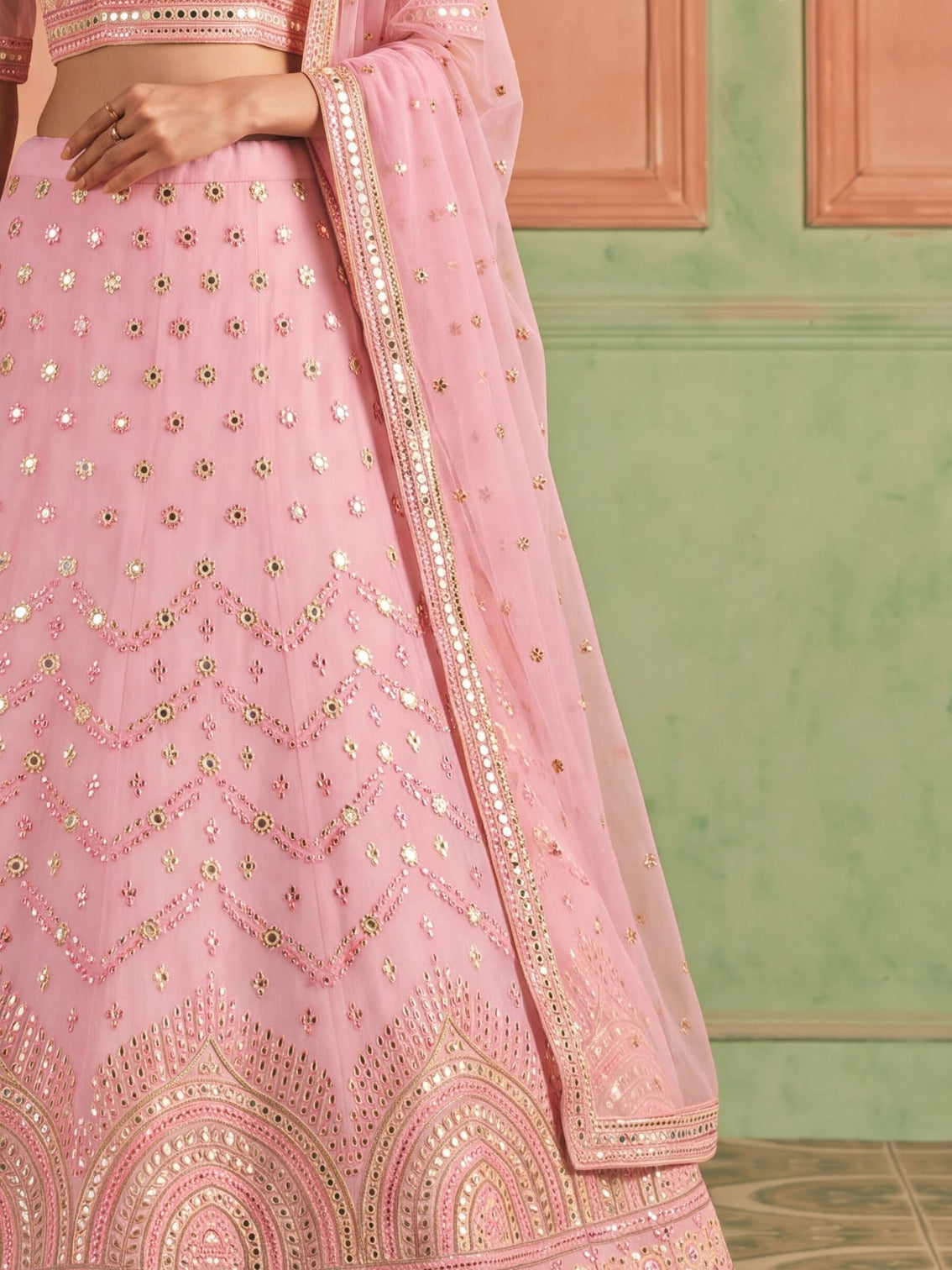 Pink Organza Embroidered Foil Mirror Work Lehenga Choli