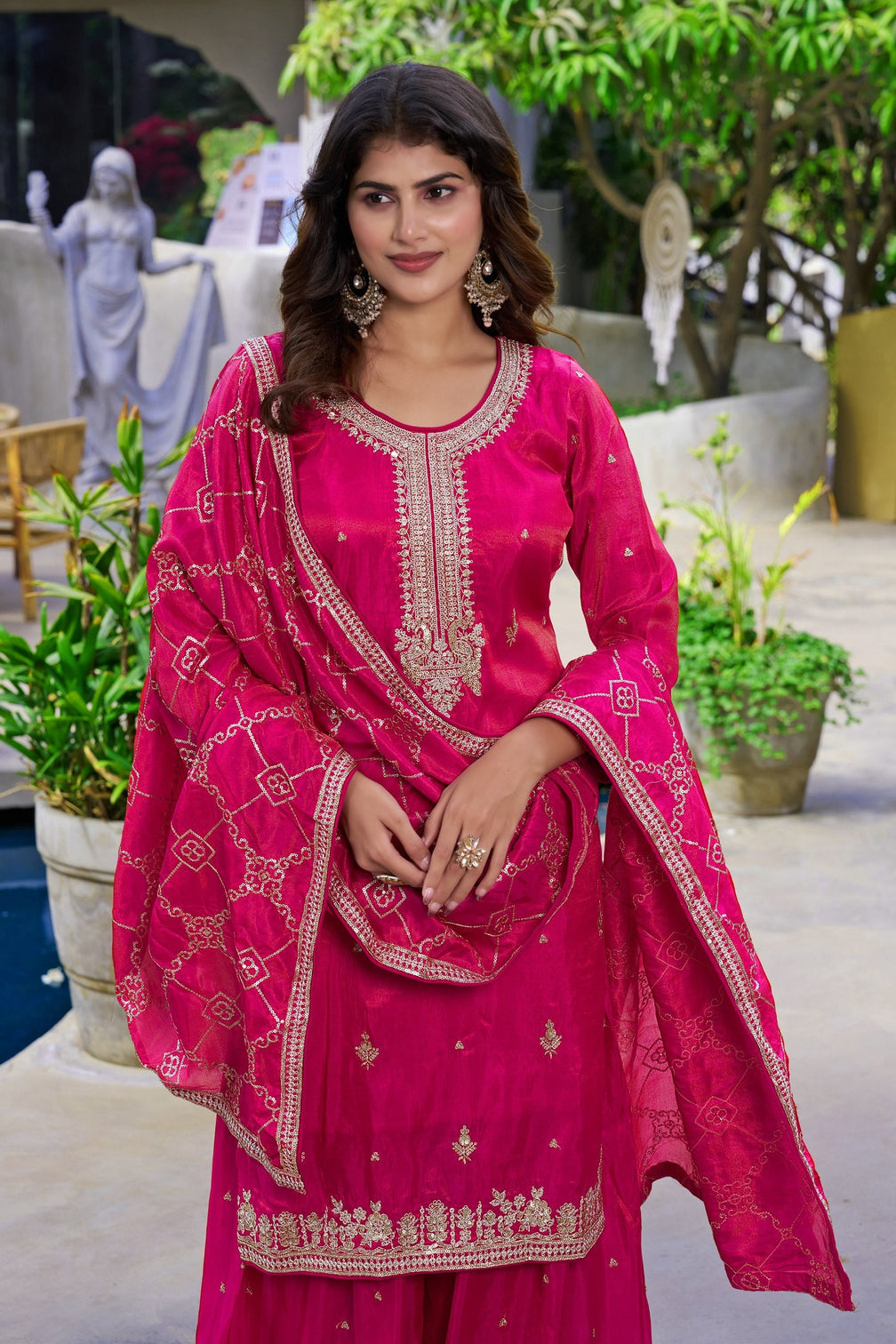 Pink Organza Embroidered Palazzo Set