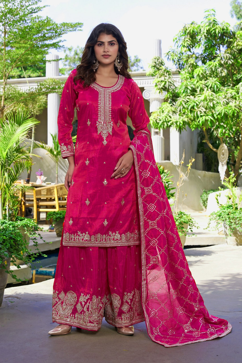 Pink Organza Embroidered Palazzo Set