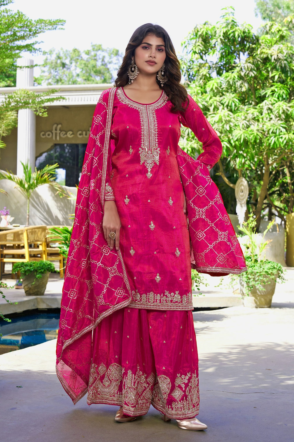 Pink Organza Embroidered Palazzo Set
