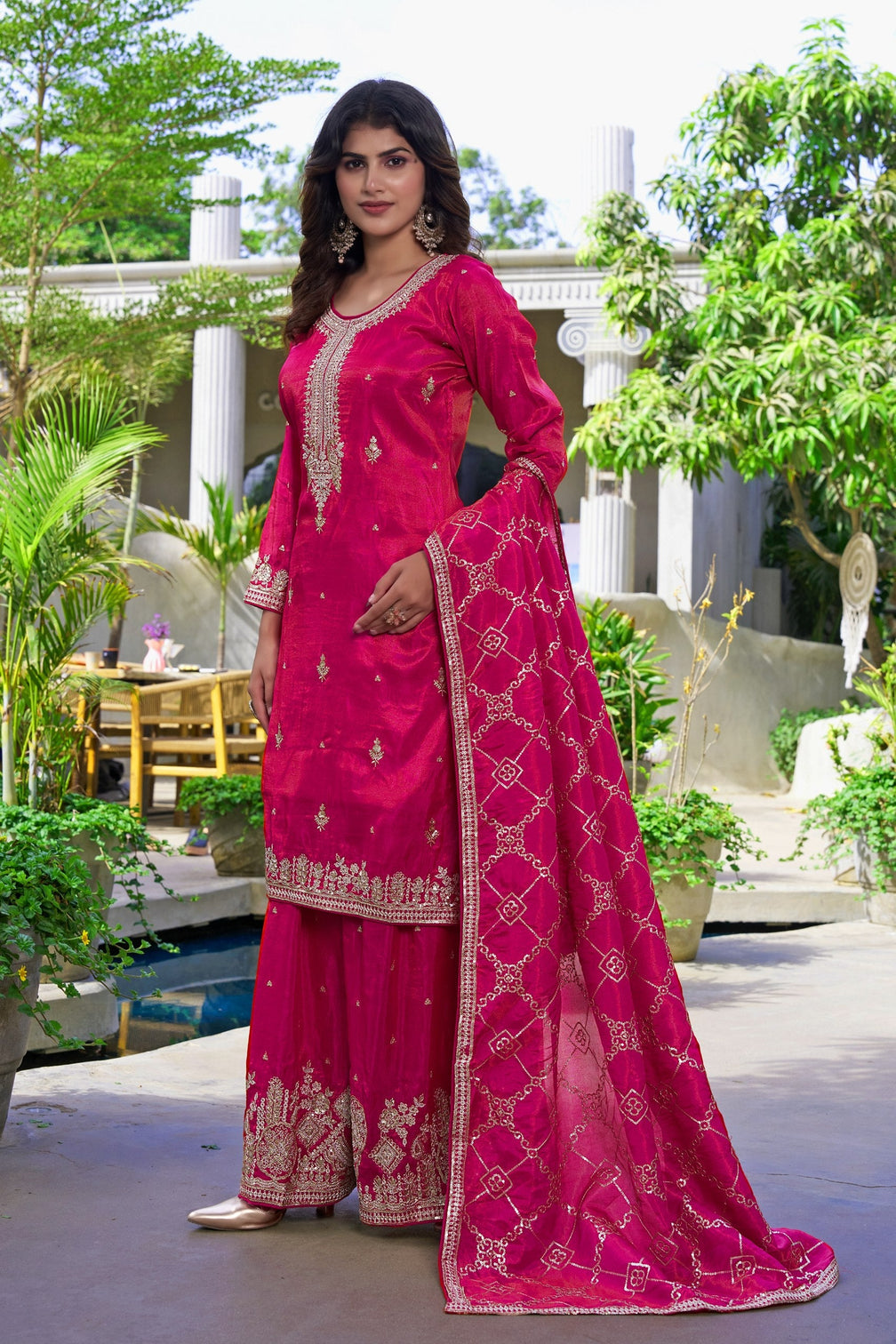 Pink Organza Embroidered Palazzo Set