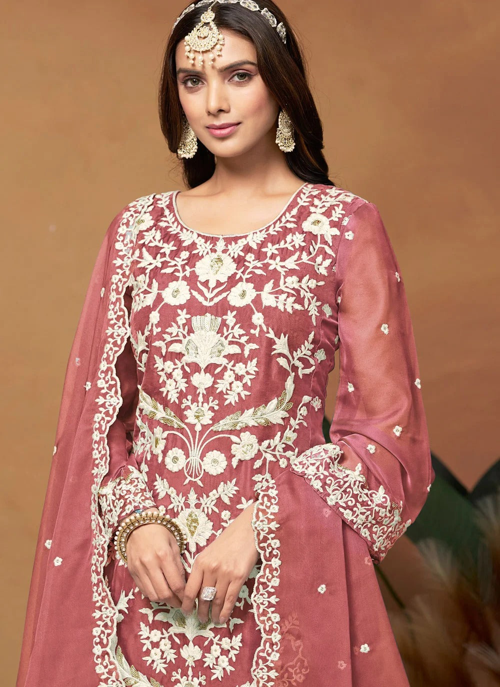 Charming pink pakistani plus size suit in organza with embroidery work