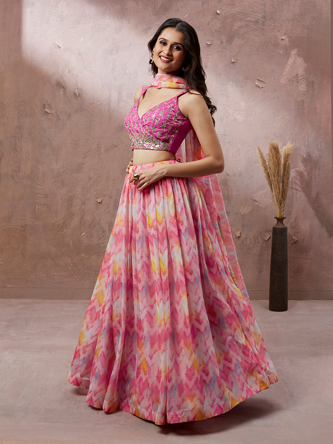 Pink Organza Floral Printed Semi-Stitched Lehenga choli & Dupatta