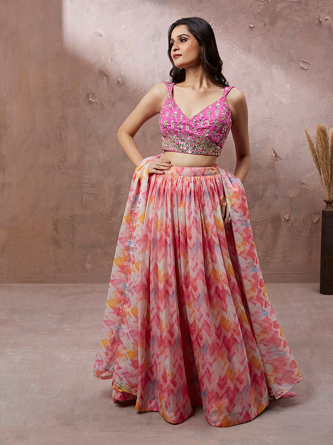 Pink Organza Floral Printed Semi-Stitched Lehenga choli & Dupatta