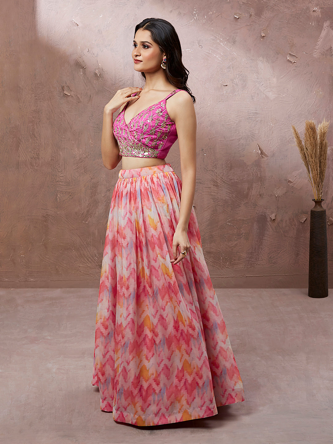 Pink Organza Floral Printed Semi-Stitched Lehenga choli & Dupatta