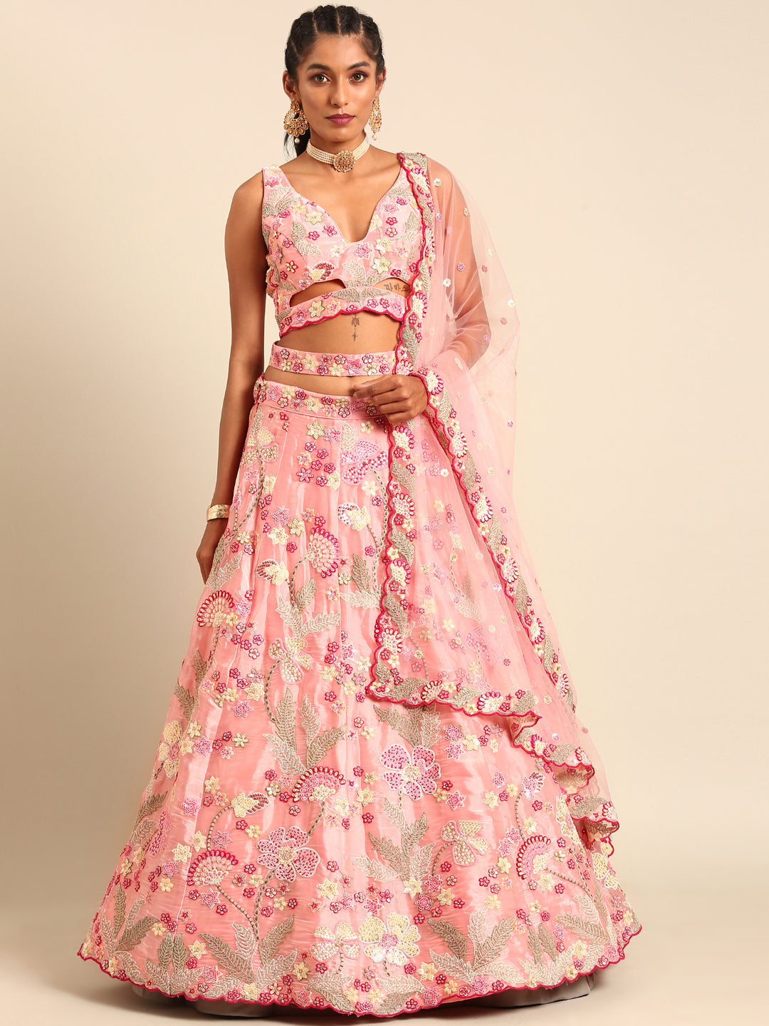 Pink Organza Sequins and Zarkan embroidery Semi-Stitched Lehenga choli & Dupatta